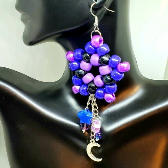 Handmade Purple Blue Galaxy Kandi Star Moon Chain Dangle Earrings - Picture 4 of 5